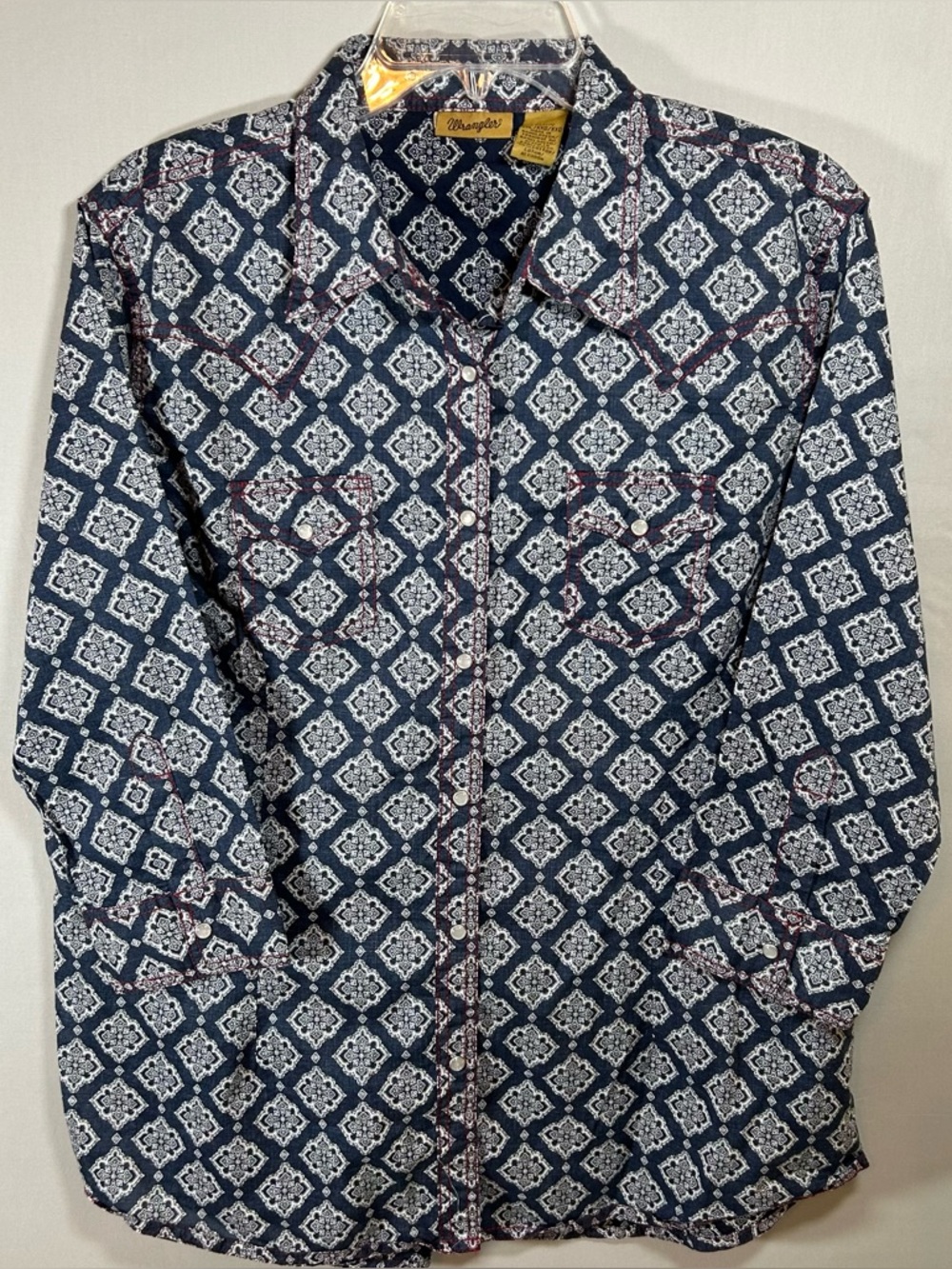WRANGLER Shirt Women’s XXL Blue Handkerchief Red Stitching Pearl Snaps Western